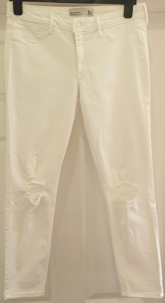 ABERCROMBIE & FITCH White Cotton Blend Ripped Crop ANKLE Jeans Pants 14R W30