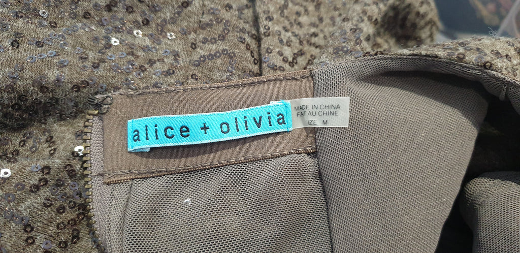 ALICE & OLIVIA Olive Green Sequin Embellished Sheer Panel Bodycon Evening Dress