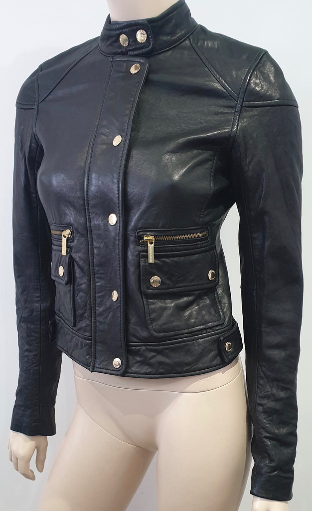 MICHAEL MICHAEL KORS Black Leather Collarless Gold Stud Zipper Biker Jacket XXS