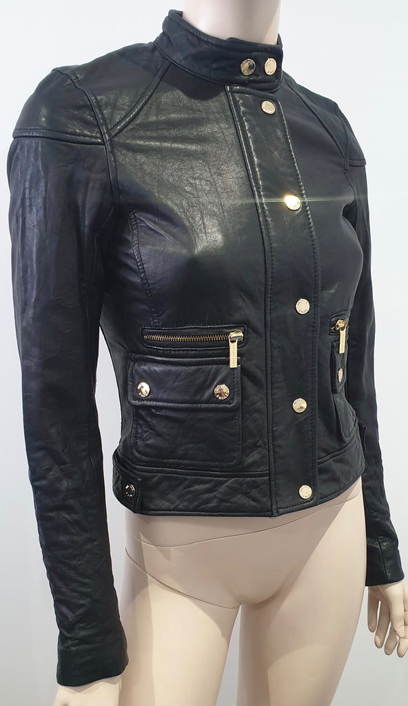 MICHAEL MICHAEL KORS Black Leather Collarless Gold Stud Zipper Biker Jacket XXS