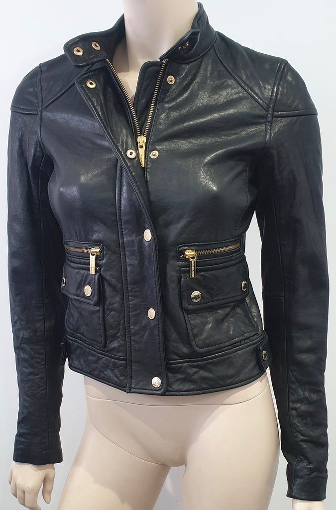 MICHAEL MICHAEL KORS Black Leather Collarless Gold Stud Zipper Biker Jacket XXS
