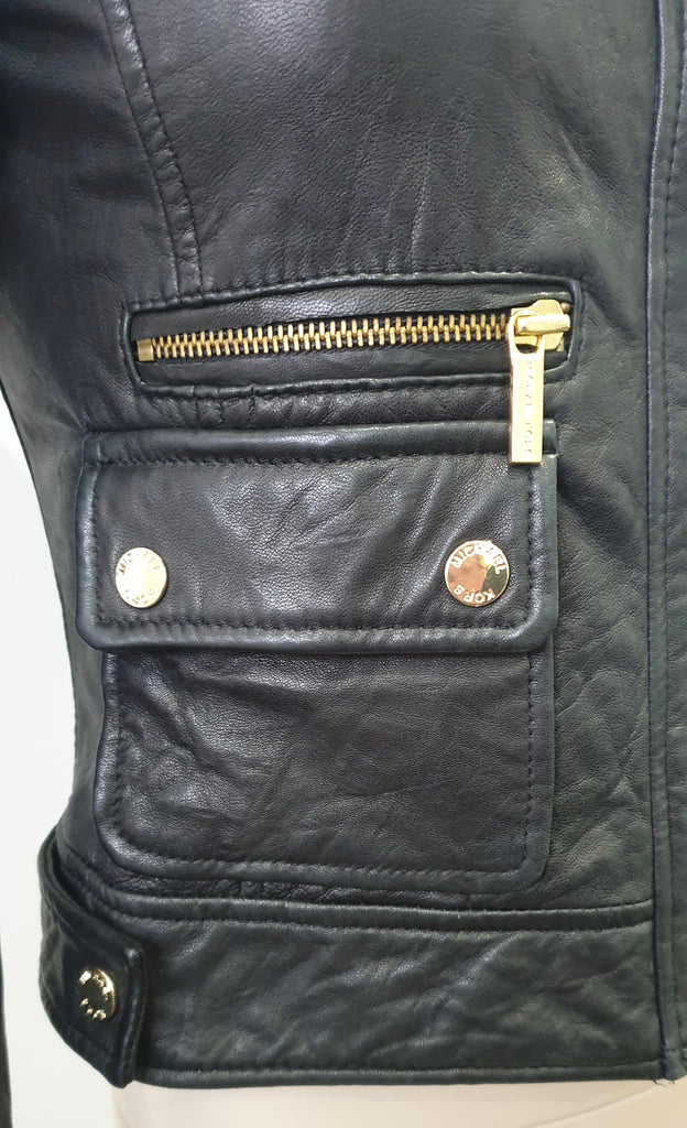 MICHAEL MICHAEL KORS Black Leather Collarless Gold Stud Zipper Biker Jacket XXS