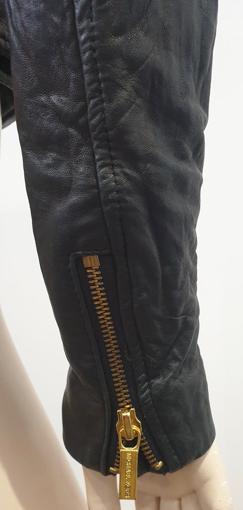 MICHAEL MICHAEL KORS Black Leather Collarless Gold Stud Zipper Biker Jacket XXS