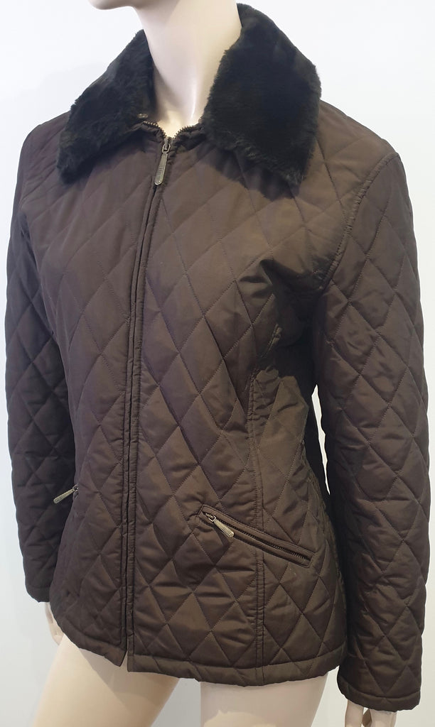 MARELLA Womens Brown Detachable Faux Fur Collar Zip Fastened Quilted Jacket UK12
