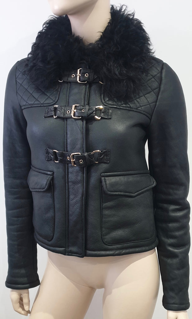TOPSHOP Black Shearling Sheepskin Collared Buckle Detail Leather Aviator Jacket