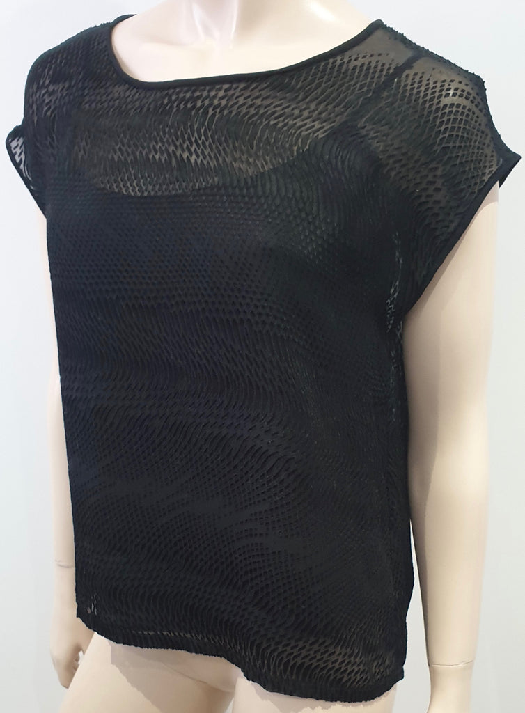 EILEEN FISHER Black Silk Blend Sheer Patterned Short Sleeve Lined Blouse Top S/P