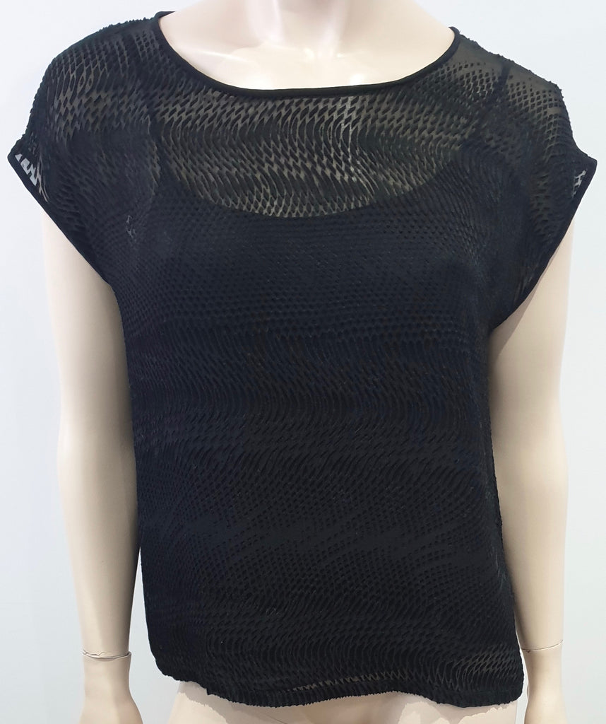 EILEEN FISHER Black Silk Blend Sheer Patterned Short Sleeve Lined Blouse Top S/P