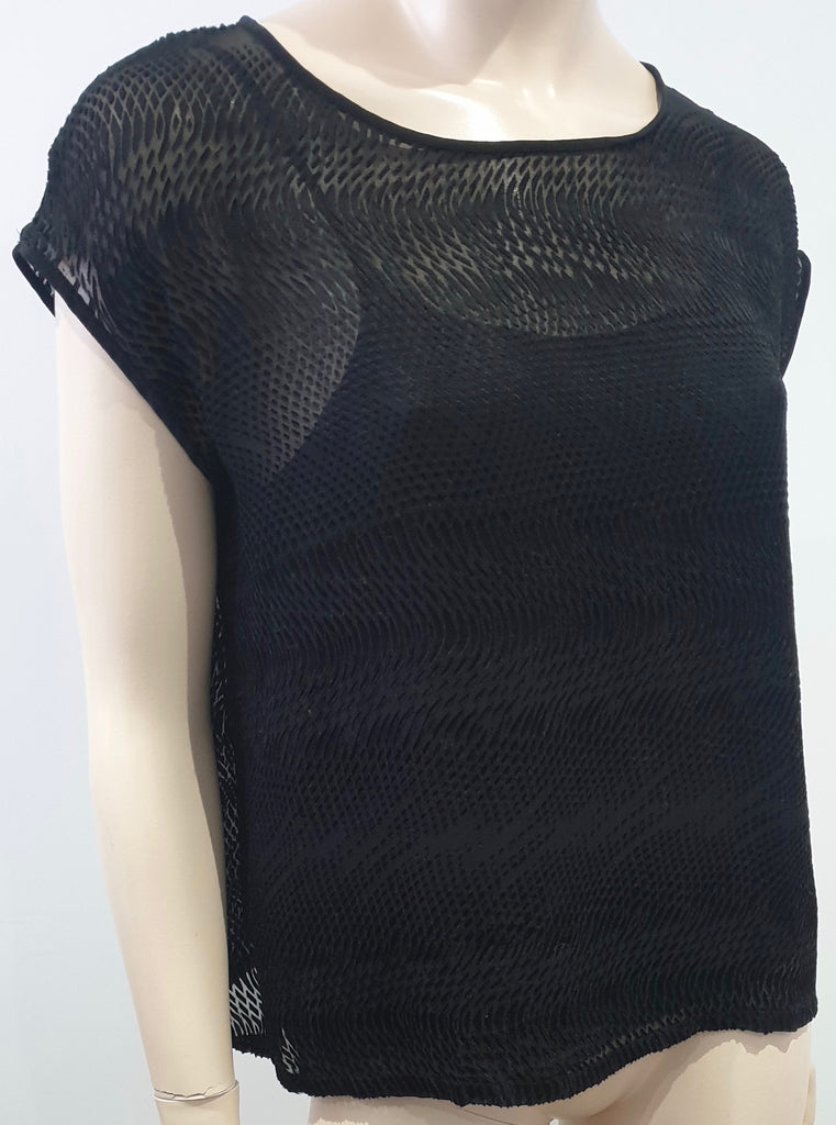 EILEEN FISHER Black Silk Blend Sheer Patterned Short Sleeve Lined Blouse Top S/P