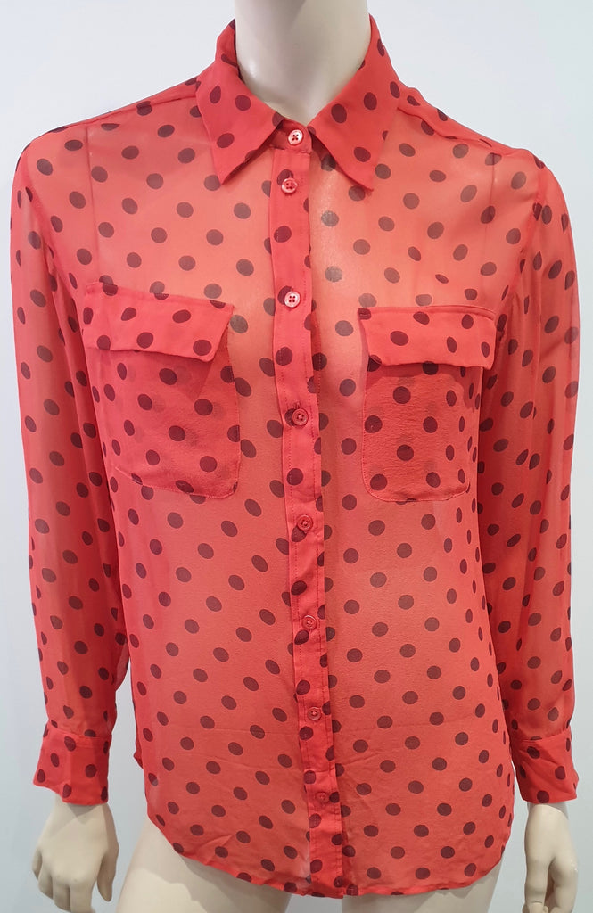 EQUIPMENT FEMME Orange Sheer Polka Dot Collared Long Sleeve Blouse Shirt Top S