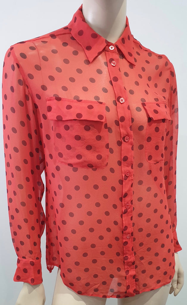 EQUIPMENT FEMME Orange Sheer Polka Dot Collared Long Sleeve Blouse Shirt Top S