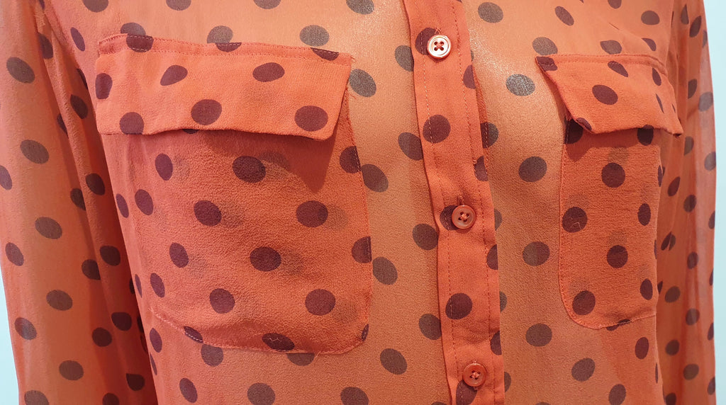 EQUIPMENT FEMME Orange Sheer Polka Dot Collared Long Sleeve Blouse Shirt Top S