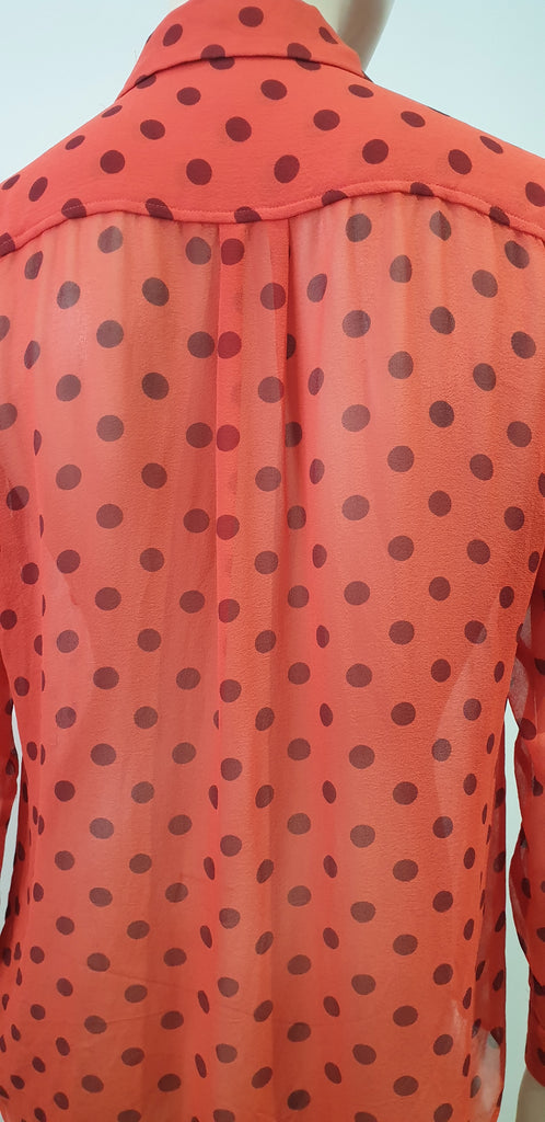 EQUIPMENT FEMME Orange Sheer Polka Dot Collared Long Sleeve Blouse Shirt Top S