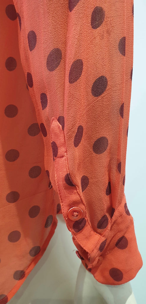 EQUIPMENT FEMME Orange Sheer Polka Dot Collared Long Sleeve Blouse Shirt Top S