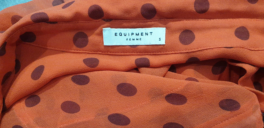 EQUIPMENT FEMME Orange Sheer Polka Dot Collared Long Sleeve Blouse Shirt Top S