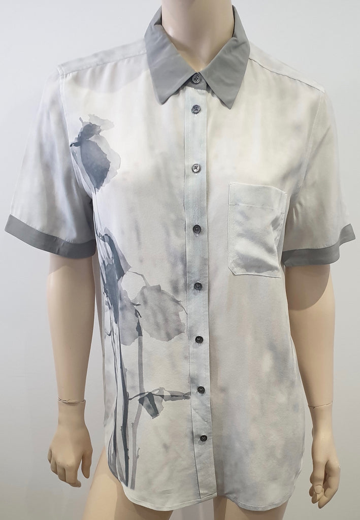 EQUIPMENT FEMME Grey Silk Floral Print Collared Short Sleeve Blouse Shirt Top S
