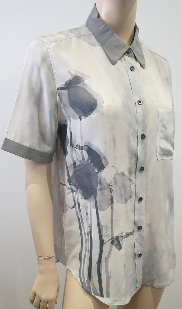 EQUIPMENT FEMME Grey Silk Floral Print Collared Short Sleeve Blouse Shirt Top S