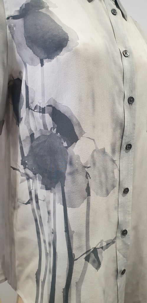 EQUIPMENT FEMME Grey Silk Floral Print Collared Short Sleeve Blouse Shirt Top S