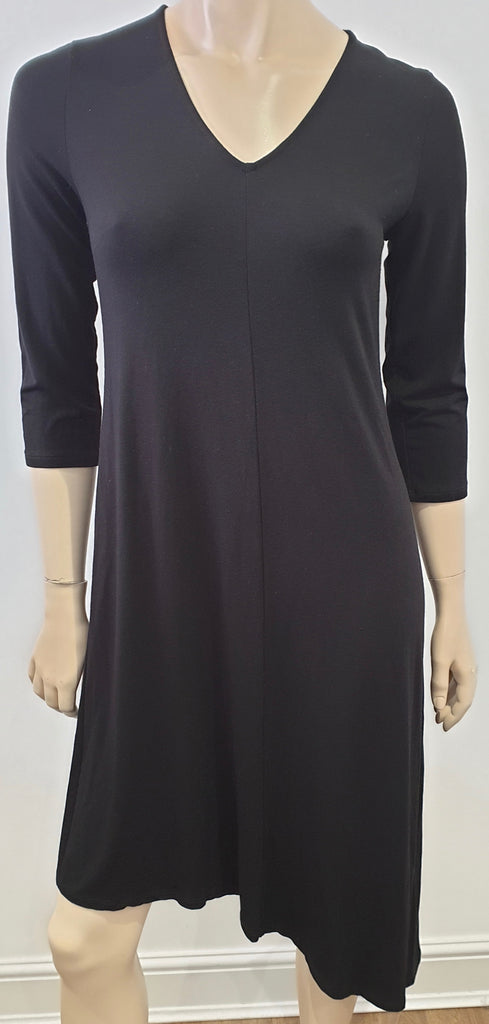 EILEEN FISHER Black Jerseywear V Neck 3/4 Sleeve Asymmetric Hemline Dress XS/TP