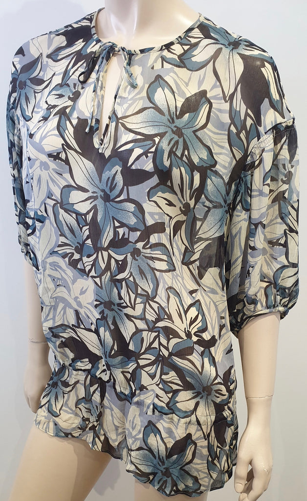 VINCE Cream Navy Black Silk Floral Print Tie Neck 3/4 Sleeve Sheer Tunic Blouse