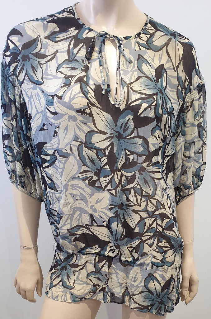VINCE Cream Navy Black Silk Floral Print Tie Neck 3/4 Sleeve Sheer Tunic Blouse