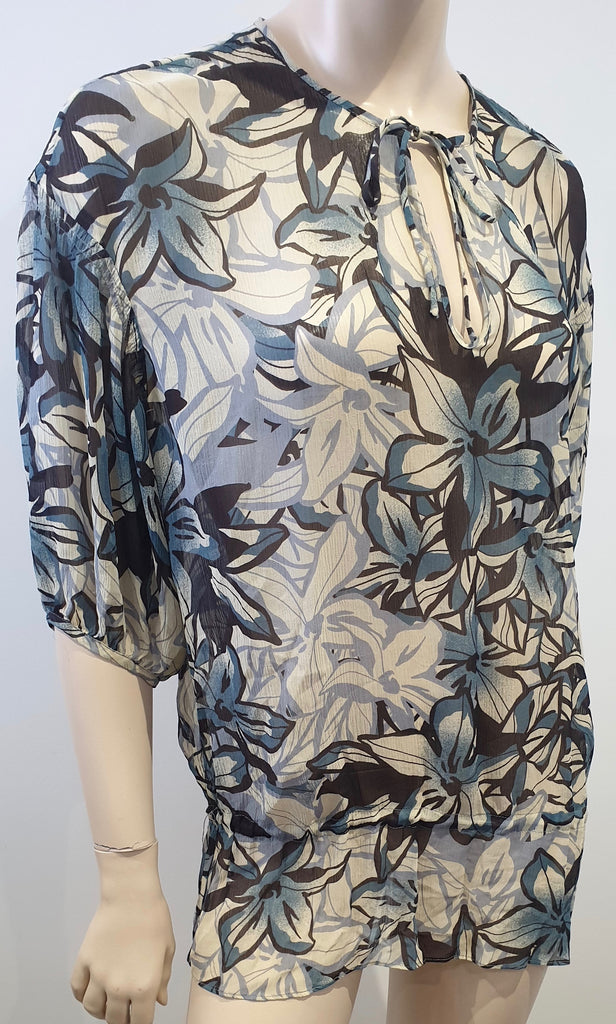 VINCE Cream Navy Black Silk Floral Print Tie Neck 3/4 Sleeve Sheer Tunic Blouse