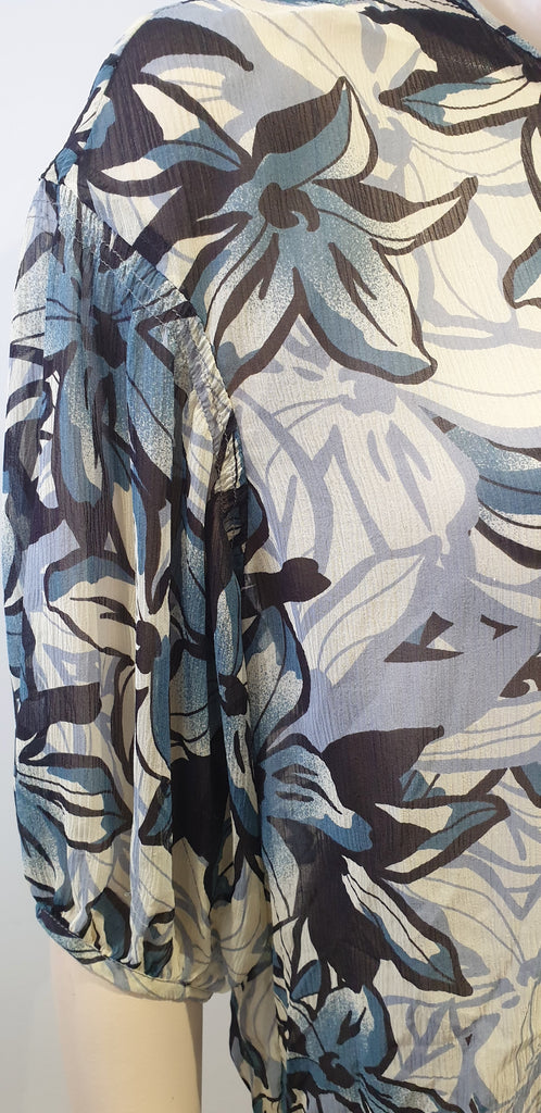 VINCE Cream Navy Black Silk Floral Print Tie Neck 3/4 Sleeve Sheer Tunic Blouse