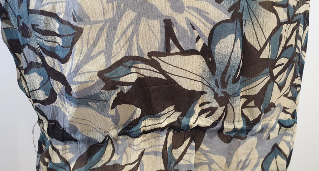 VINCE Cream Navy Black Silk Floral Print Tie Neck 3/4 Sleeve Sheer Tunic Blouse