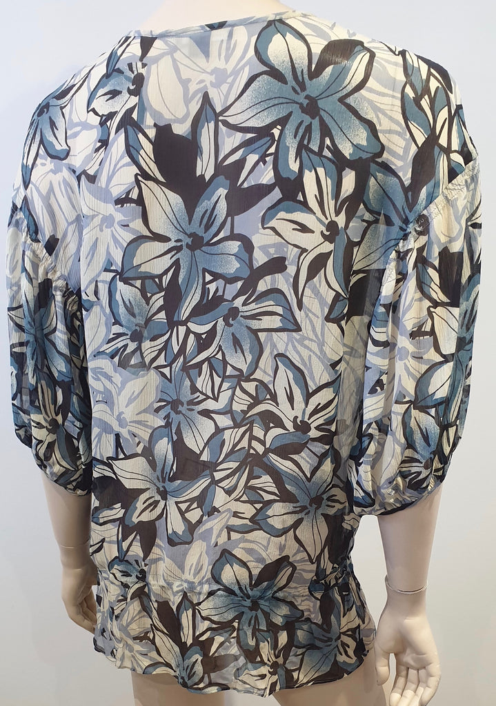 VINCE Cream Navy Black Silk Floral Print Tie Neck 3/4 Sleeve Sheer Tunic Blouse