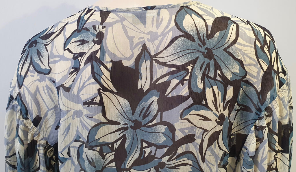 VINCE Cream Navy Black Silk Floral Print Tie Neck 3/4 Sleeve Sheer Tunic Blouse