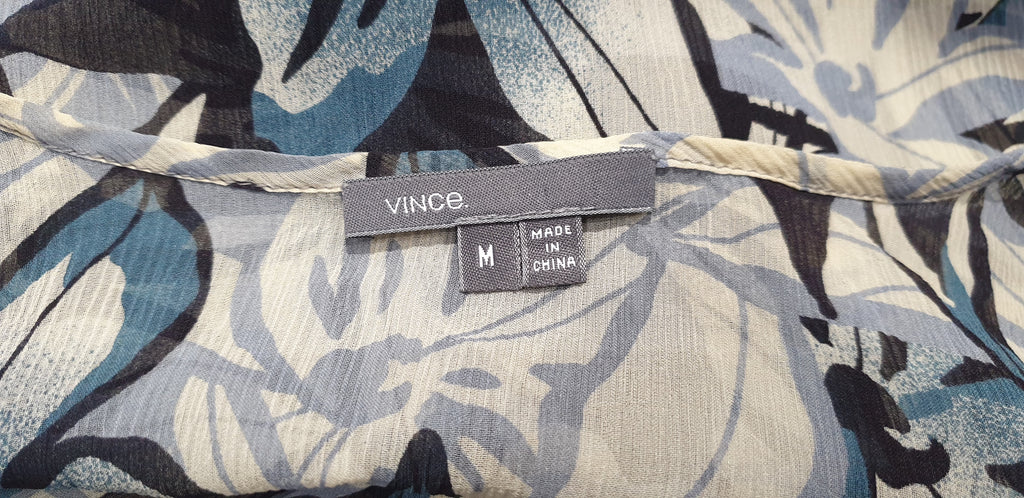 VINCE Cream Navy Black Silk Floral Print Tie Neck 3/4 Sleeve Sheer Tunic Blouse