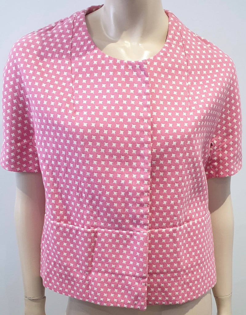 MARNI Pink & White Cotton Blend Geometric Print Short Sleeve Boxy Blazer Jacket