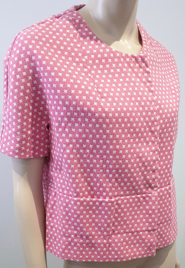 MARNI Pink & White Cotton Blend Geometric Print Short Sleeve Boxy Blazer Jacket