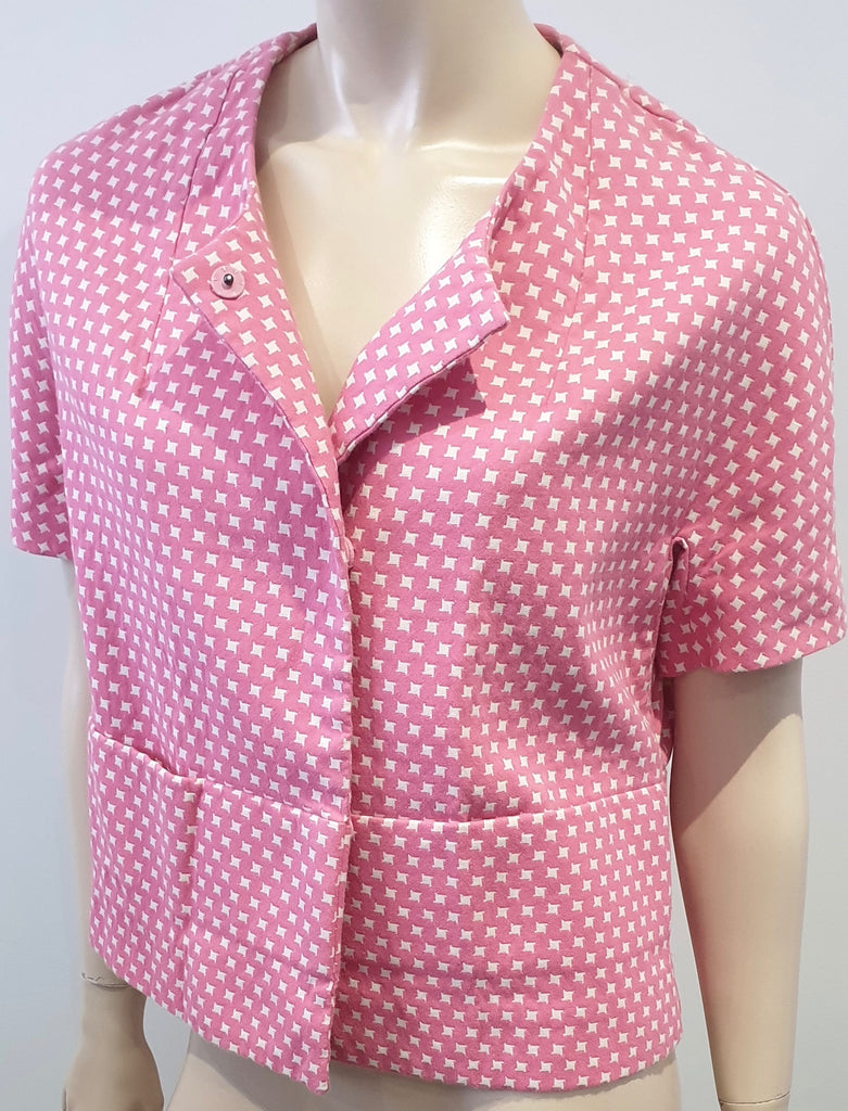 MARNI Pink & White Cotton Blend Geometric Print Short Sleeve Boxy Blazer Jacket
