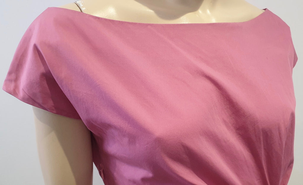 NICOLE FARHI Pink Cotton Scoop Neck Pleat Ribbon Waist Short Sleeve Pencil Dress