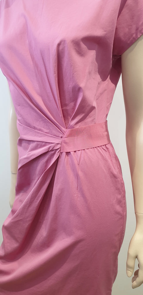 NICOLE FARHI Pink Cotton Scoop Neck Pleat Ribbon Waist Short Sleeve Pencil Dress