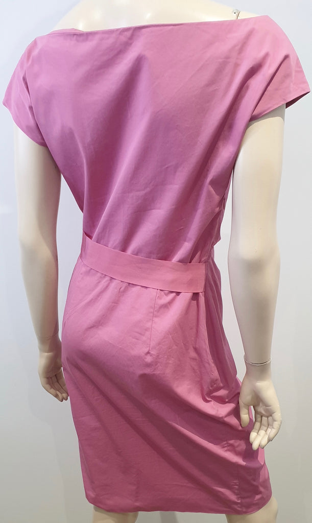 NICOLE FARHI Pink Cotton Scoop Neck Pleat Ribbon Waist Short Sleeve Pencil Dress