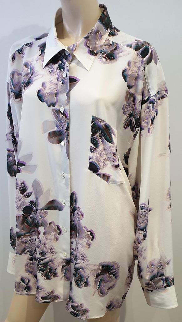 MAISON MARTIN MARGIELA White & Purple Grey Silk Floral Blouse Shirt Top 40 UK8