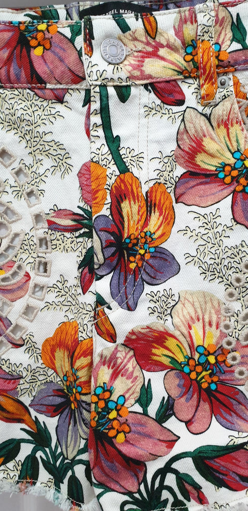 ISABEL MARANT Multi Colour Cotton Floral Printed Broderie Anglais Denim Shorts