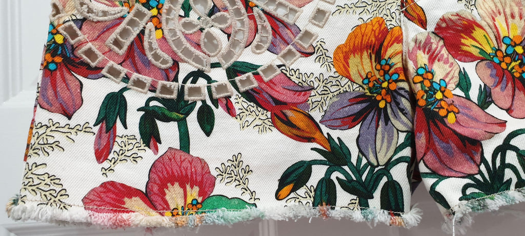 ISABEL MARANT Multi Colour Cotton Floral Printed Broderie Anglais Denim Shorts