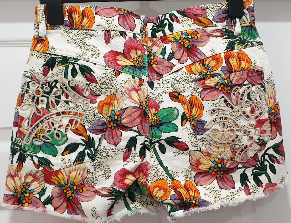 ISABEL MARANT Multi Colour Cotton Floral Printed Broderie Anglais Denim Shorts