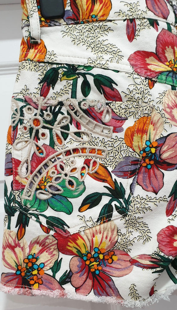ISABEL MARANT Multi Colour Cotton Floral Printed Broderie Anglais Denim Shorts