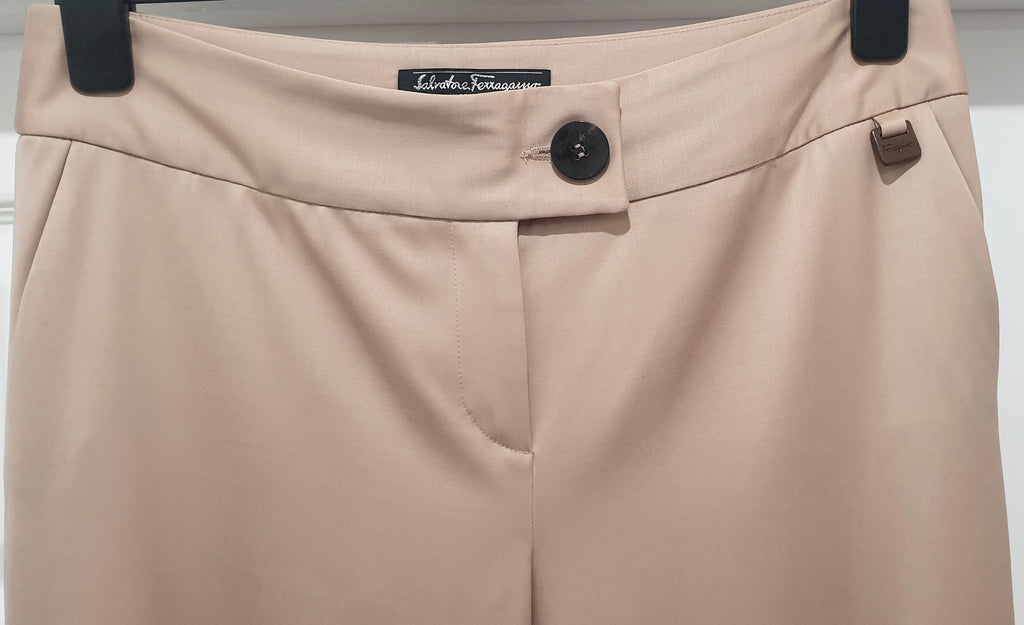SALVATORE FERRAGAMO Beige Wool Stretch Wide Leg Formal Pants Trousers UK12