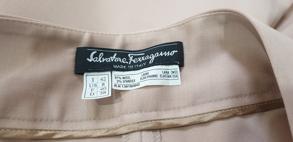 SALVATORE FERRAGAMO Beige Wool Stretch Wide Leg Formal Pants Trousers UK12