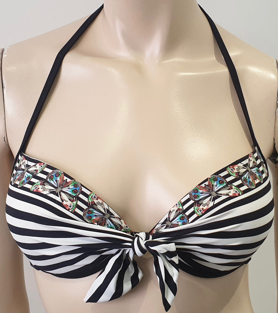 CHARMANTE Black & White Stripe Butterfly Print Top & Briefs 2 PC Bikini Set 38B