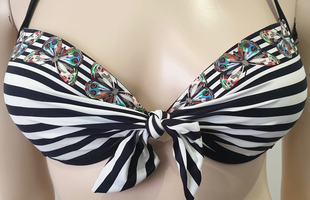CHARMANTE Black & White Stripe Butterfly Print Top & Briefs 2 PC Bikini Set 38B
