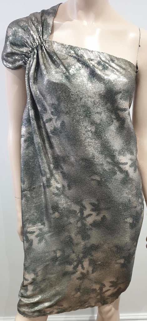 3.1 PHILLIP LIM Grey Silver Khaki Metallic Sequin Embellished One Shoulder Dress