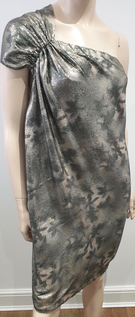 3.1 PHILLIP LIM Grey Silver Khaki Metallic Sequin Embellished One Shoulder Dress