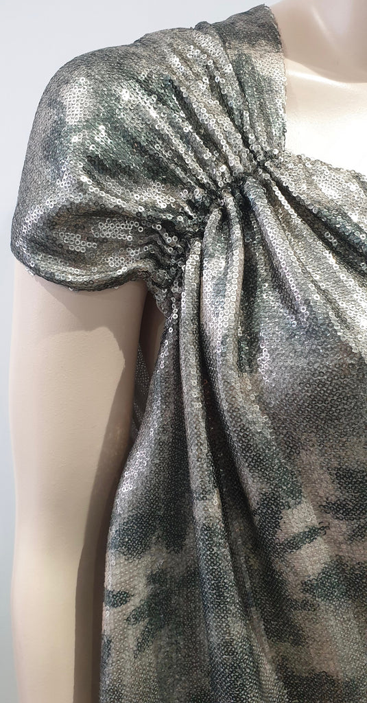 3.1 PHILLIP LIM Grey Silver Khaki Metallic Sequin Embellished One Shoulder Dress