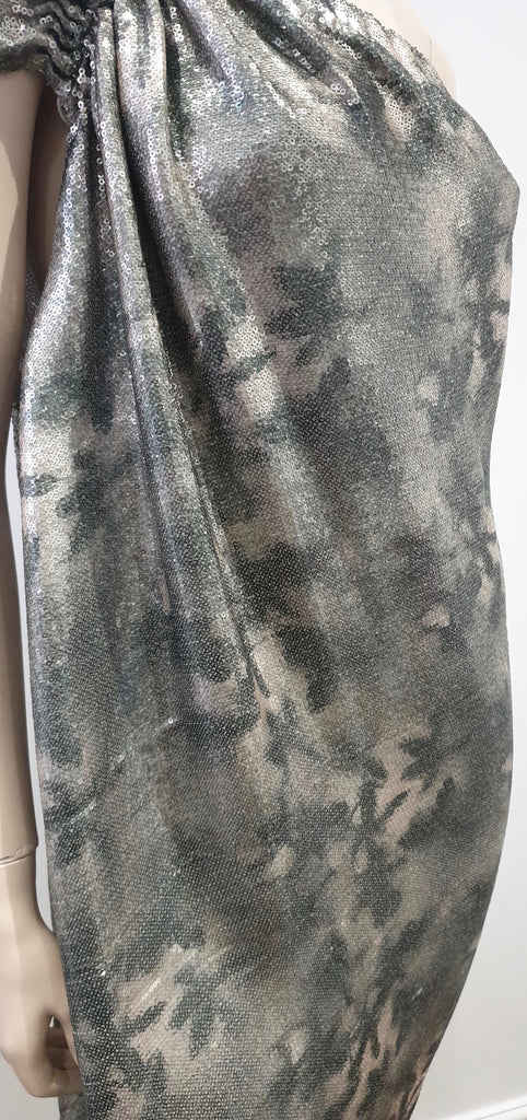 3.1 PHILLIP LIM Grey Silver Khaki Metallic Sequin Embellished One Shoulder Dress