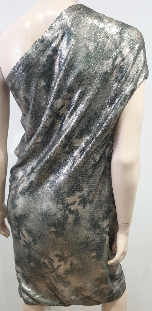 3.1 PHILLIP LIM Grey Silver Khaki Metallic Sequin Embellished One Shoulder Dress